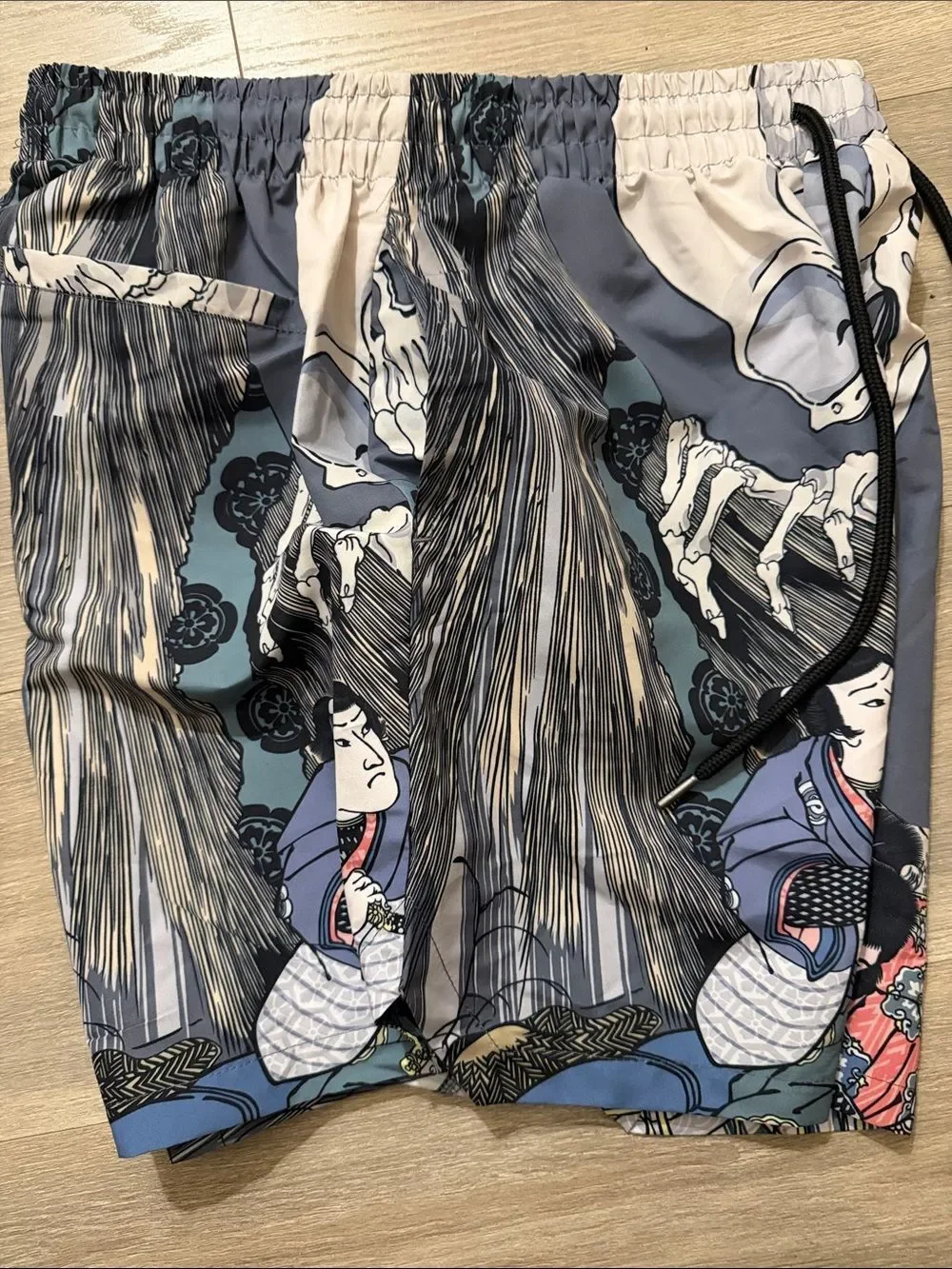 Rebel Vengeance Blue Gray Multi Ukiyo-e & Skull Swim Trunks